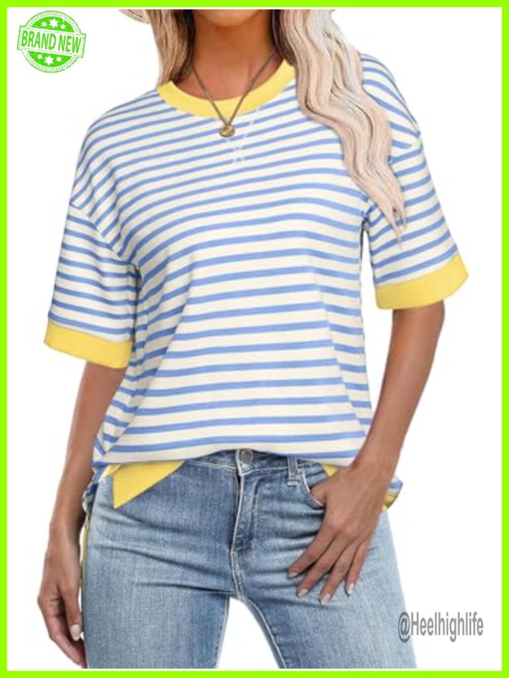 Short Sleeve Striped Crewneck Pullover Sweatshirt Loose Fit Casual Top